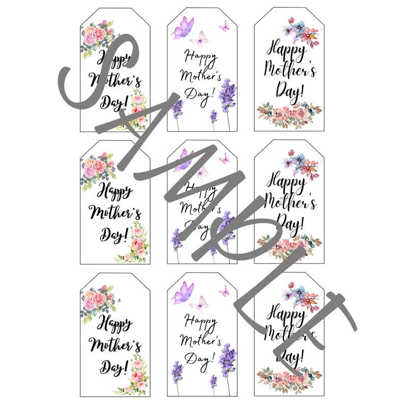 May include: Nine printable gift tags with watercolor floral designs and the text "Happy Mother's Day!" in black.
