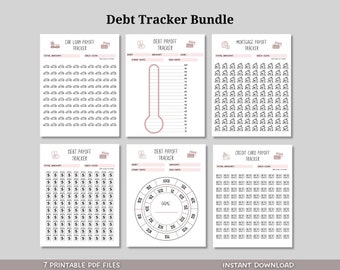 May include: A printable debt tracker bundle with seven pages. Each page features a different debt category, such as car loan, mortgage, credit card, and general debt. The pages are designed with a minimalist aesthetic and include icons and spaces to track progress.