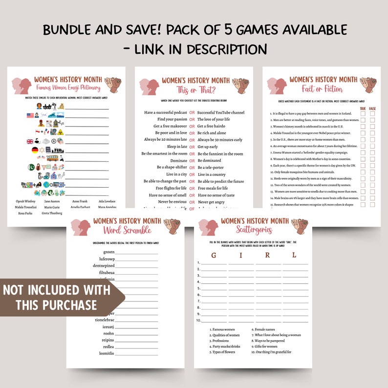 May include: A printable pack of five Women's History Month games. The games include "Famous Women Emoji Pictionary", "This or That", "Fact or Fiction", "Word Scramble", and "Scattergories".