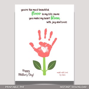 Mothers Day Flower Handprint Craft for Kids Printable Card Art Activity Keepsake Personalized Birthday Mom Gift Preschool Kindergarten Pre-K