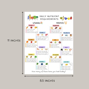 May include: A colorful chart with a list of daily nutrient requirements for vitamins and minerals. The chart includes illustrations of fruits and vegetables, and lists the benefits of each vitamin and mineral. The chart is 11 inches tall and 8.5 inches wide. The text at the bottom of the chart reads "How many of these have you had today?"