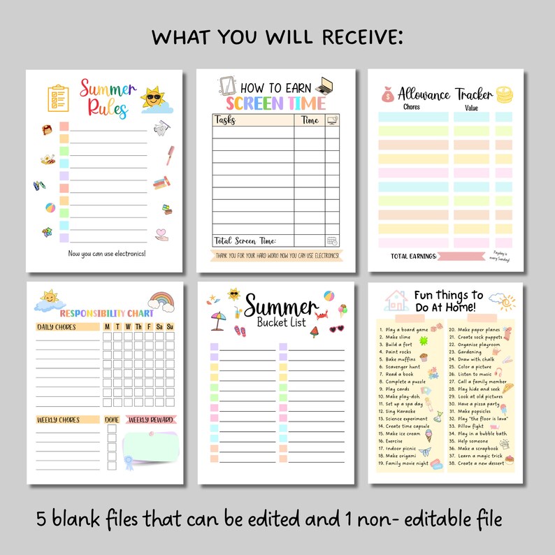 May include: Six printable charts for children with a summer theme. The charts include: Summer Rules, How to Earn Screen Time, Allowance Tracker, Responsibility Chart, Summer Bucket List, and Fun Things to Do at Home. The charts are colourful and feature various summer-themed illustrations.