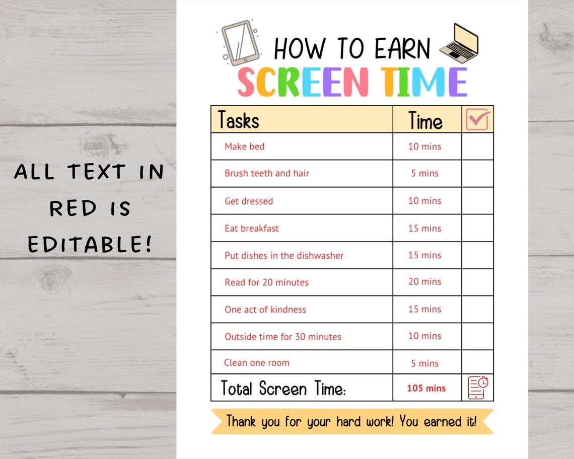 Screen Time Chart Checklist Editable Printable Screen Time - Etsy