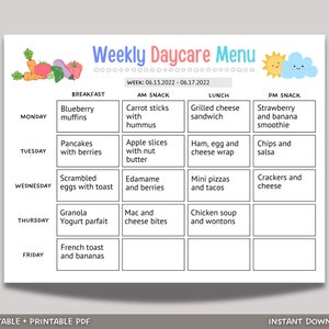 Daycare Weekly Menu Printable, Home Daycare Monthly Meal Planner, Fillable PDF, Editable Daycare Menu Preschool, Home School, Nannies