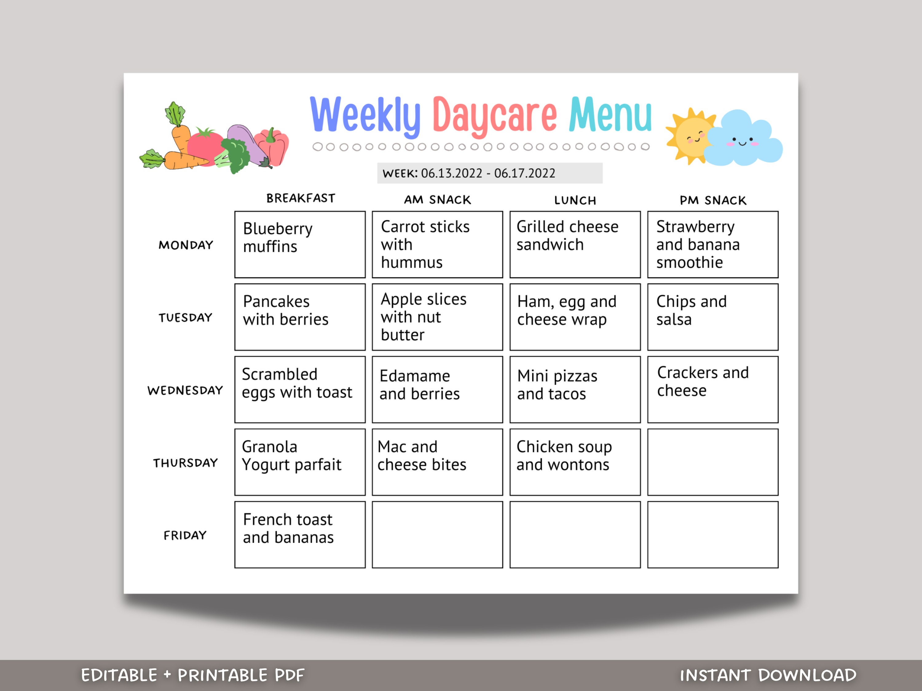 Daycare Weekly Menu Printable, Home Daycare Monthly Meal Planner, Fillable PDF, Editable Daycare Menu Preschool, Home School, Nannies