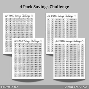 May include: Four printable black and white savings challenge trackers. Each tracker features a different savings goal: $1000, $2000, $5000, and $10000. Each tracker has a grid of squares with dollar amounts listed in each square.