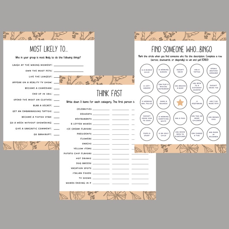 Puede incluir: Dos tarjetas de juego imprimibles con un fondo melocot&oacute;n y detalles florales marrones. La primera tarjeta se titula "Most Likely To..." y presenta una lista de preguntas. La segunda tarjeta se titula "Find Someone Who... Bingo" y presenta una tarjeta de bingo con varias descripciones.