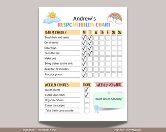 May include: A printable responsibility chart for kids, featuring a colorful design with a sun, clouds, and a rainbow. The chart includes daily and weekly chores, with check boxes for tracking progress. The text reads "Andrew's Responsibility Chart."