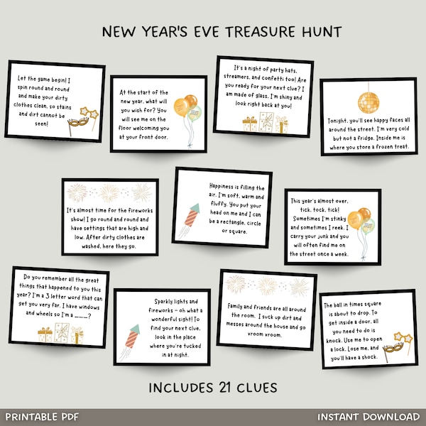 New Years Eve Scavenger Hunt Printable, New Year's Eve Treasure Hunt Clues For Kids, Indoor Activity, 2023 Party Game Kids, Instant Download