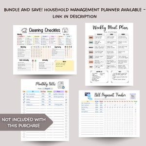 May include: A printable household management planner with sections for cleaning checklists, weekly meal plans, monthly bills, and bill payment tracking. The planner is designed with a light pink, blue, and yellow color scheme and includes checkboxes and spaces for notes.
