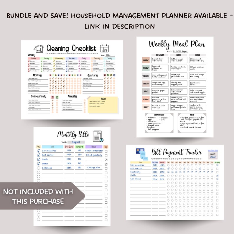 May include: A printable household management planner with sections for cleaning checklists, weekly meal plans, monthly bills, and bill payment tracking. The planner is designed with a light pink, blue, and yellow color scheme and includes checkboxes and spaces for notes.