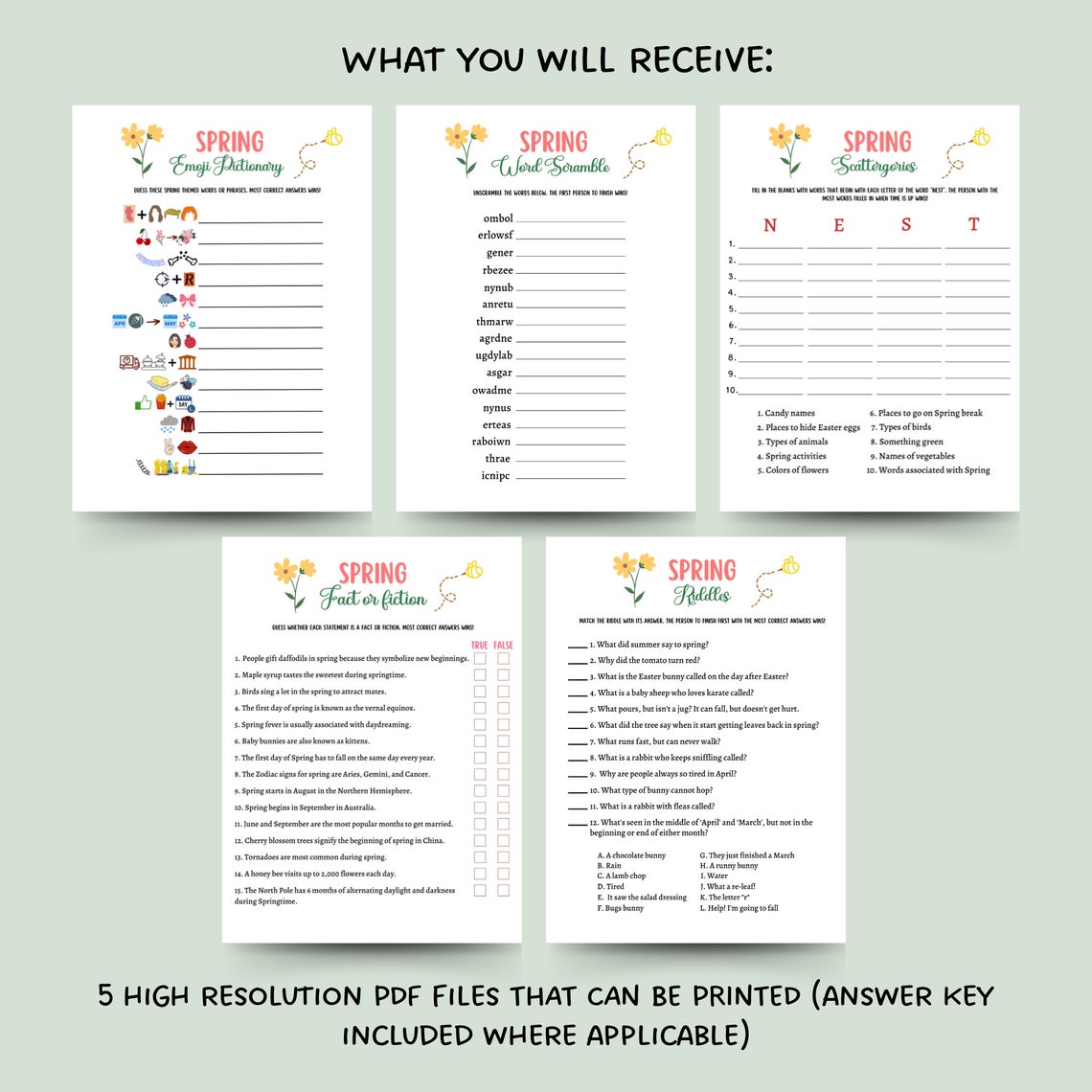Spring Games Bundle Printable, Spring Activities Adults & Kids, Spring ...
