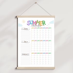 May include: A summer calendar print with a wooden hanger. The calendar features the months of June, July, and August, with a colorful "Summer Calendar" title. The design includes a sun, clouds, and birds.
