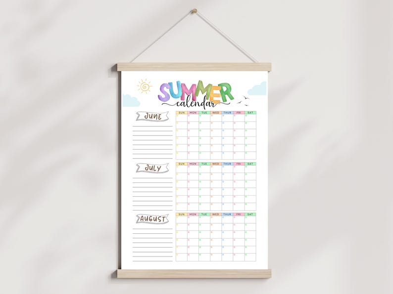 May include: A summer calendar print with a wooden hanger. The calendar features the months of June, July, and August, with a colorful "Summer Calendar" title. The design includes a sun, clouds, and birds.