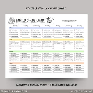 Family Chore Chart Printable, Editable Weekly Family Schedule, Cleaning ...