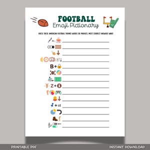 Football Emoji Pictionary Game Printable, Party Game Tailgate Activity For Kids and Adults, Fantasy Football Office Party