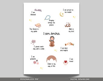 Personalized Islamic Affirmations for Kids, Printable Wall Art, Muslim Girls Positive Affirmations, Nursery Room Decor, Digital download