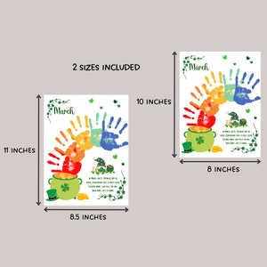 May include: Two printable handprint art designs for March. The designs feature a rainbow of handprints in a pot of gold with a leprechaun and shamrocks. The text reads 'In March, on St. Patrick's Day, so green, leprechauns play, a lucky stone, clovers dance, luck fills the air, high spirit, joy to share.'