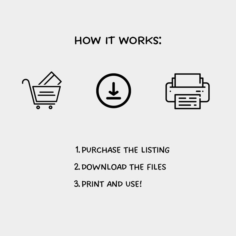 May include: A black and white illustration showing how to purchase, download, and print a digital product. The illustration shows a shopping cart, a download arrow, and a printer.