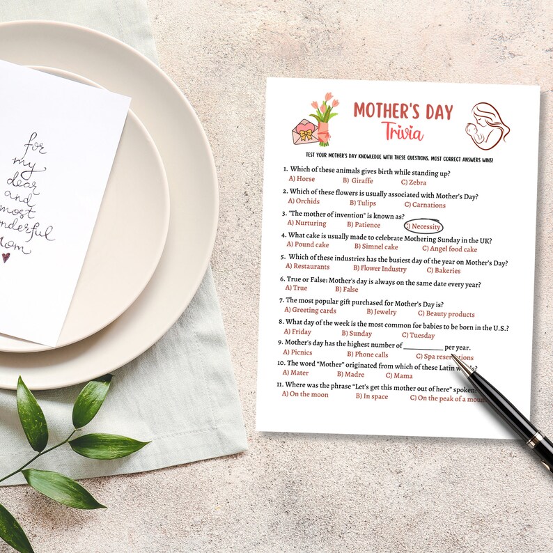 May include: A printable Mother's Day trivia game with 11 questions. The questions are about Mother's Day traditions, history, and fun facts. The game is designed to be played with friends and family.