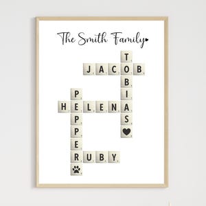Personalized Family Name Sign Printable, Custom Crossword Scrabble Letter Tile Puzzle for Her Wife Mom Grandma Anniversary Christmas Gift