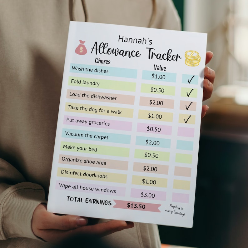 May include: A colourful chart titled "Hannah's Allowance Tracker" lists chores and their corresponding values in pounds.  Tick marks indicate completed chores. The total earnings are &pound;13.50. Payday is every Sunday.