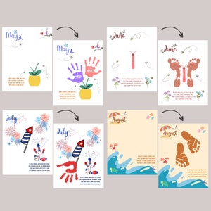 May include: Four printable cards with handprint and footprint ideas for each month. The cards are labeled with the months May, June, July, and August. The May card has a yellow pot with a green plant and two purple and pink handprints. The June card has a tie and a butterfly made from two brown footprints. The July card has a red, white, and blue firework and a red handprint. The August card has a blue wave and two brown footprints.
