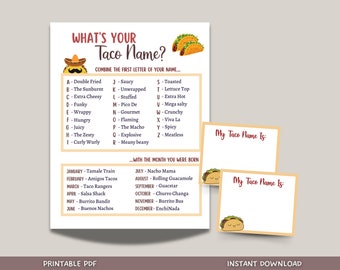 What's Your Taco Name Printable, Cinco De Mayo Party Game, Mexican Fiesta Game Kids And Adults, Fun Classroom Game, Birthday Party Name Game