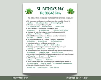 St Patrick's Day Trivia Game Printable, St Patricks Day Games, St Paddys Day Party Game, St Pattys Day Adult Trivia Game, Classroom Games