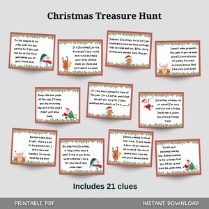 Caça ao tesouro de Natal interna para crianças, caça ao tesouro de Natal para impressão, atividade divertida de Natal, jogo de festa, cartões de dicas de caça ao tesouro