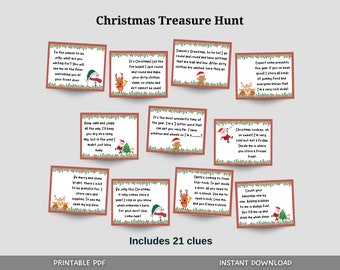 May include: A printable Christmas treasure hunt game with 21 clues. The clues are written on colorful cards with illustrations of Santa, a snowman, and a reindeer. The cards are arranged in a grid pattern on a white background. The text "Includes 21 clues" is printed below the grid of cards.