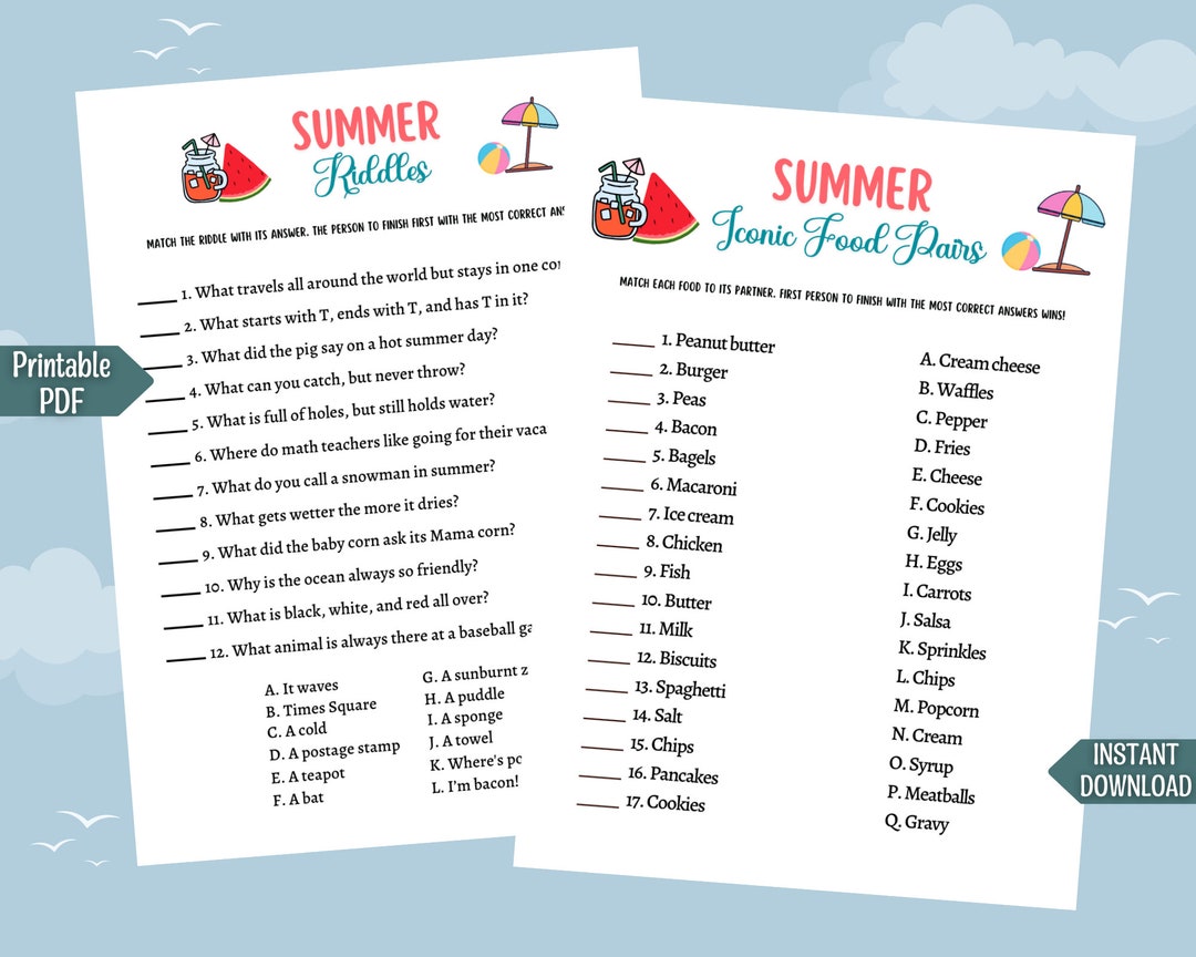Summer Riddles Game Printable Pool Party Games Summer Camp Etsy