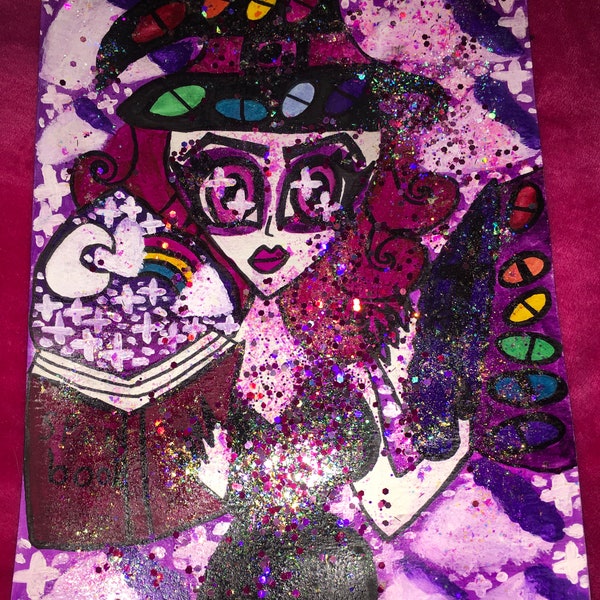 Psychedelic glittery witch spell book wand watercolour painting magical trippy gothic spooky Halloween witchcraft witchy