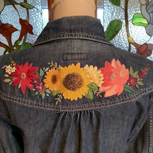 Denim Jacket - Women&#39;s Large - Hand-Embroidered Flowers