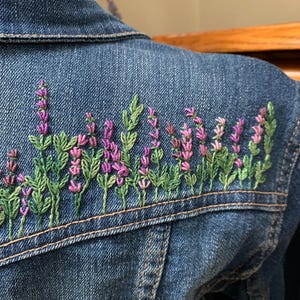 Denim Jacket - Lavender Field - Women&#39;s L - Hand-embroidered