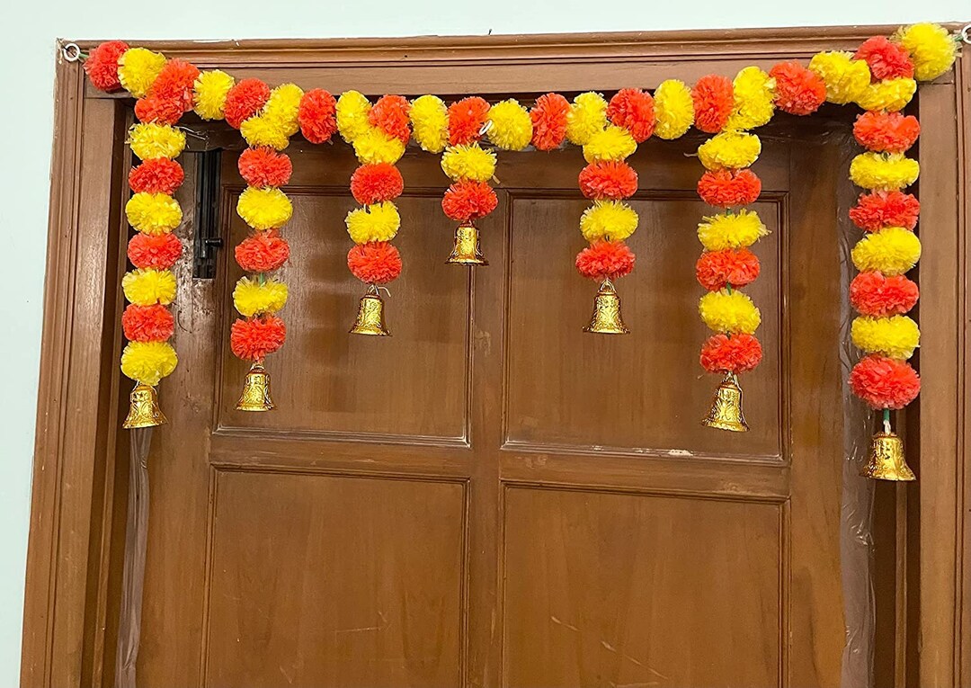 Bandanwar Toran Porta Sfortuna – Ghirlanda Decorativa Indiana Con Fiori Di Calendula Finti – 105x36cm - 2