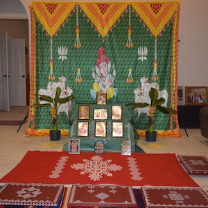 Banana Leaf and Marigold and Lotus Flower With Cows and Ganesh ji Design Backdrop Cloth for Pooja 5 Feet Height and 8 Feet width(5 * 8)