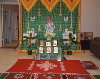 Banana Leaf and Marigold and Lotus Flower With Cows and Ganesh ji Design Backdrop Cloth for Pooja 5 Feet Height and 8 Feet width(5 * 8)