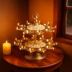 Two Layer Diya Urli with 22 Candle Holders - Indian Festival Floor Decoration | Diwali  Urli Bowl | Wedding decoration  | Center Table Decor