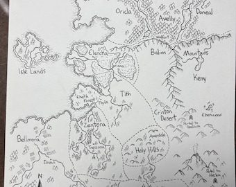 May include: Hand-drawn fantasy map with intricate details. Features include mountain ranges, forests, rivers, and labeled locations such as "Eylabur" and "Holy Hills." A compass rose is in the lower left corner. The map is on a white background.