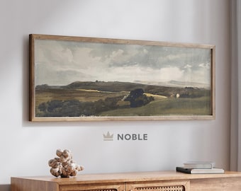 Vintage Narrow Landscape Farmhouse Wall Art, Above Bed Art Print, PRINTABLE, Panoramic Watercolor Painting, Narrow Horizontal Prints, Muted