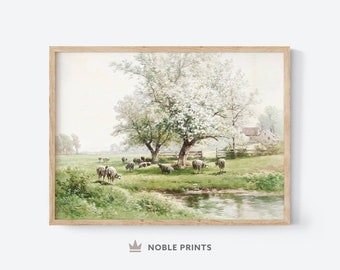 Vintage paisaje ovejas pintura arte de la pared, ovejas en la primavera, imprimible, arte de la pared de la cabaña, Cottagecore, descarga digital instantánea