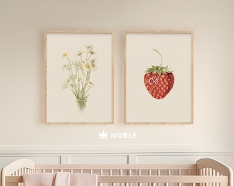Vintage Nursery Set of 2 Prints, Strawberry Wall Art, Daisies Flower Wall Art, Cottage & Farmhouse Wall Art, Printable Wall, Nursery Decor