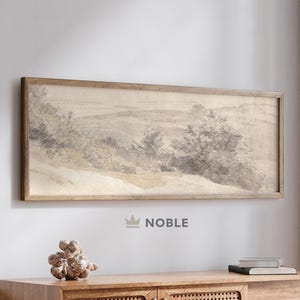 Neutral Landscape Painting, Panoramic Wall Art, Vintage Narrow Art Print, Muted Beige Art, Printable, Above Bed, Digital Download, LS189