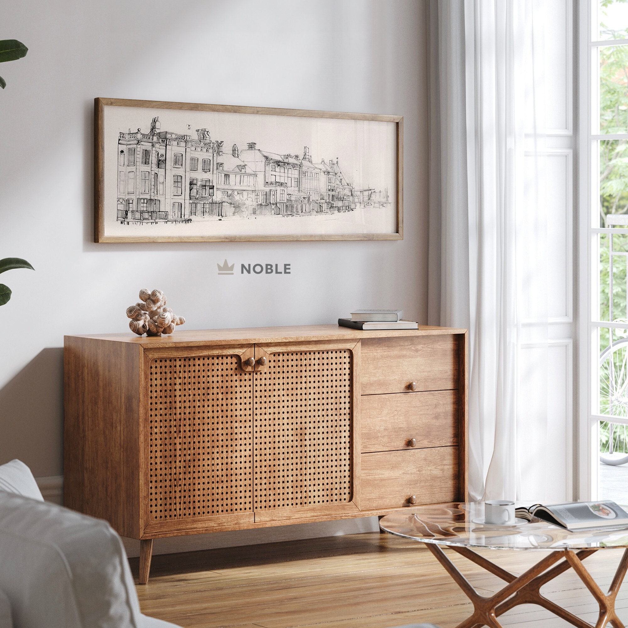 Vintage Cityscape Sketch, Panoramic Wall Art, Neutral Vintage Sketch, Long Painting Wall Art, Narrow Prints, Above Bed, Digital Download