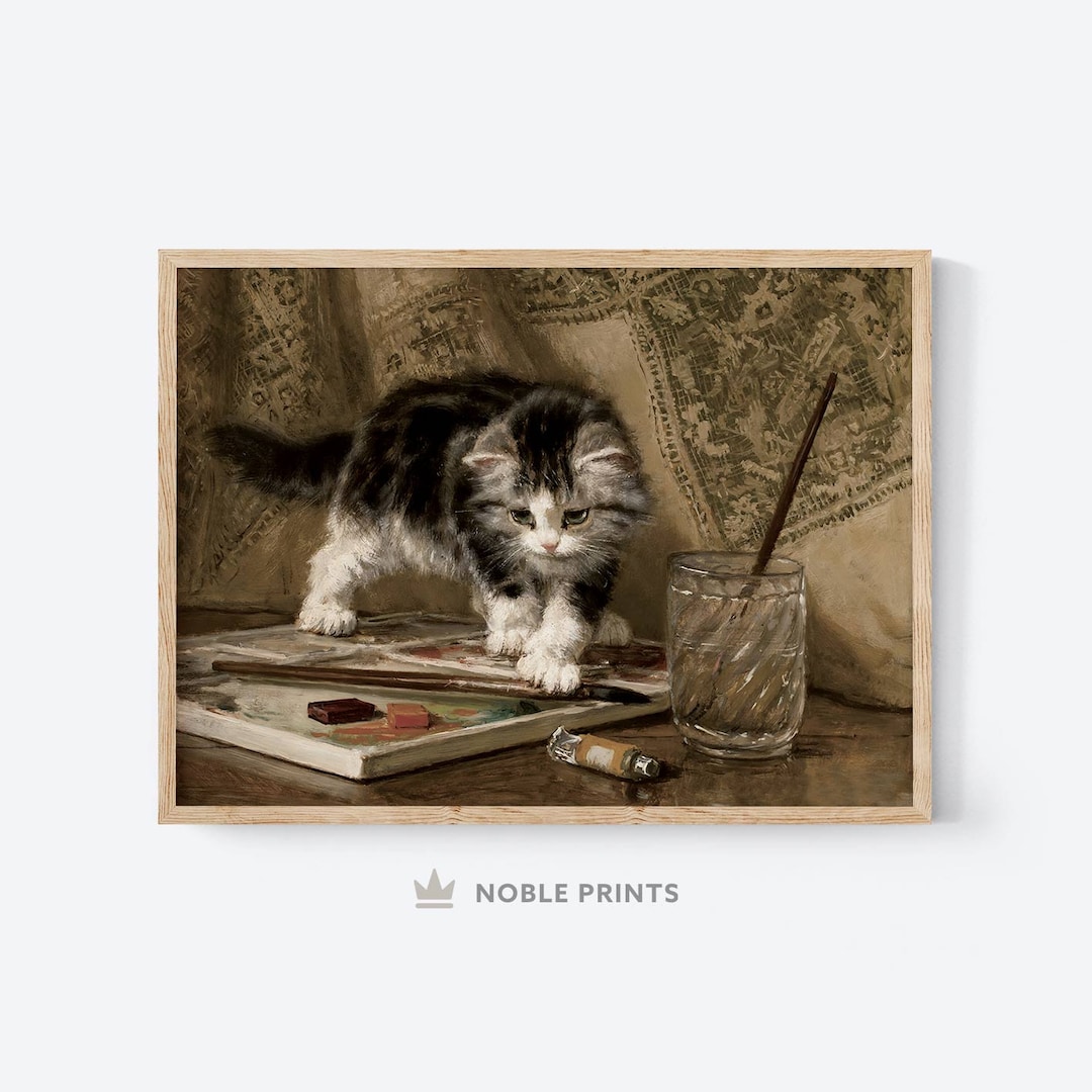 Vintage Kitten Art, Printable, Animal Antique Wall Art, Cat Oil