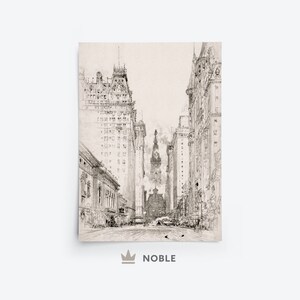 May include: A black and white sketch of a city street with tall buildings on either side. The buildings have many windows and are drawn in a detailed style. The street is empty except for a few people walking in the distance.