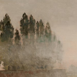 May include: A painting of a row of trees silhouetted against a hazy, light gray sky. The trees are a dark green and appear to be in the distance. The sky is a light gray with a hint of pink.