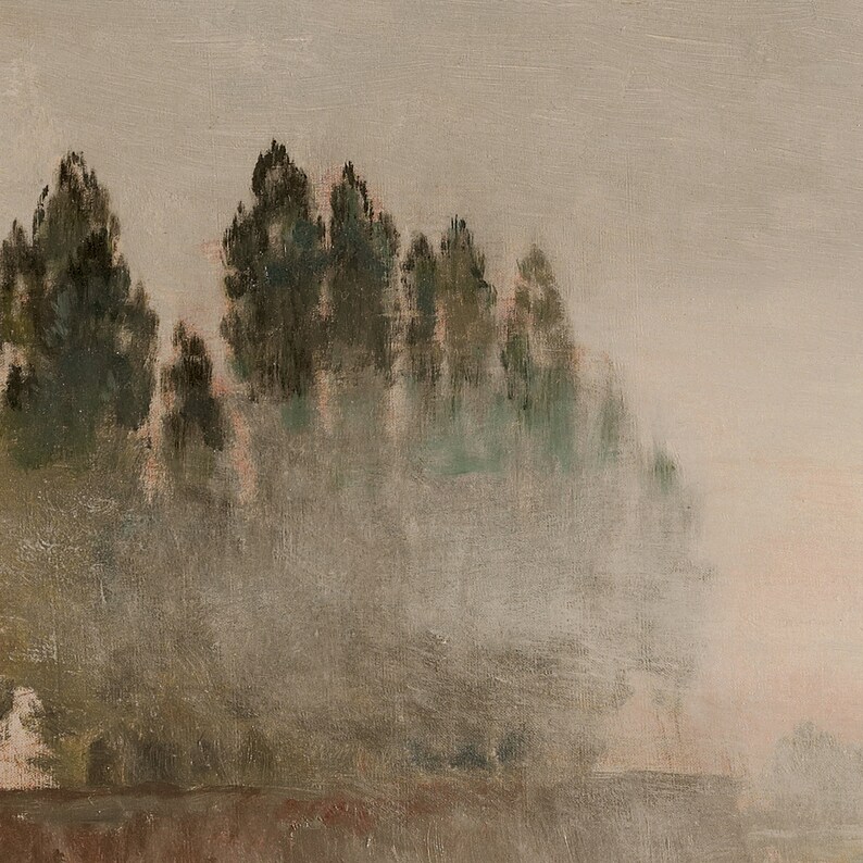 May include: A painting of a row of trees silhouetted against a hazy, light gray sky. The trees are a dark green and appear to be in the distance. The sky is a light gray with a hint of pink.