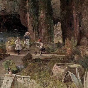 May include: A painting depicting a garden scene with three figures. A woman in a long dress and a hat is watering plants, a young girl in a white dress is standing nearby, and a man in a red cap is kneeling and digging in the ground. The garden is lush and green with trees, plants, and a stone fountain.